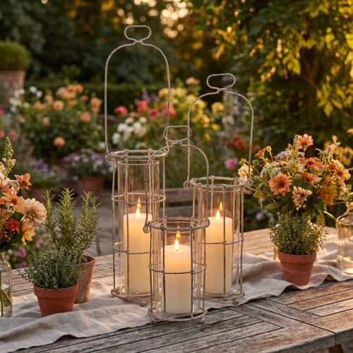 Conjunto de 3 lanternas de jardim em metal, estilo candeeiro de vento, Ø8,5cm A23/18,5/14,5cm. | Floristik24.pt
