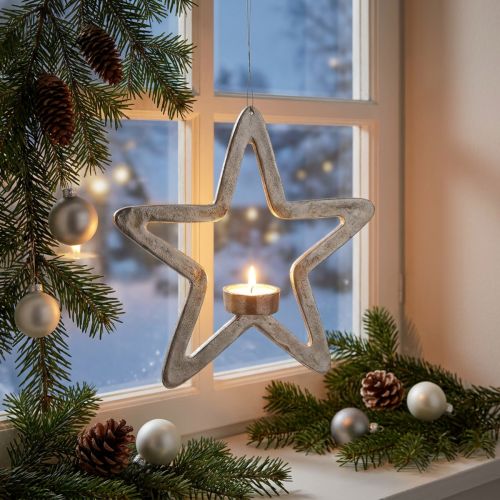 Porta-velas estrela decorativa em metal para pendurar prata 24cm | Floristik24.pt