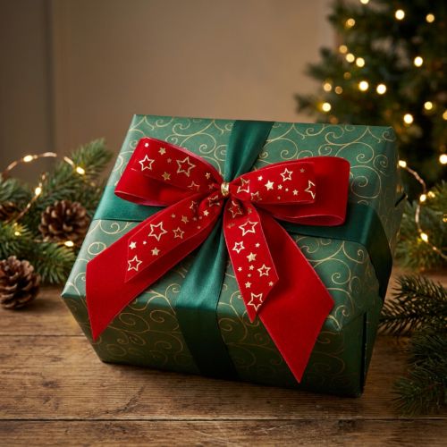 Laço decorativo com 4 cm de largura Laço de Natal vermelho com estrelas douradas Laço feito à mão 16 × 15 cm 2 unidades | Floristik24.pt