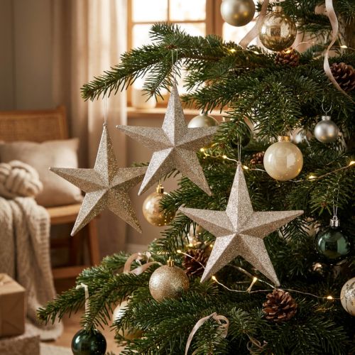 Estrelas de brilho para pendurar champanhe Ø21cm 3pcs | Floristik24.pt