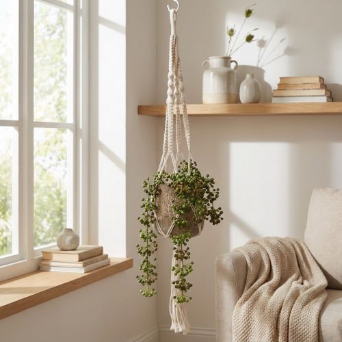 Itens Cesto suspenso em macramê para panela Ø18-19cm creme Alt.85cm