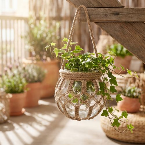 Itens Macrame vidro decorativo pendurado pote de vidro transparente Ø16cm Alt.29cm