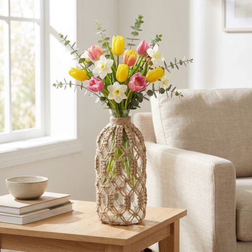 Vaso decorativo de vidro garrafa macrame juta natural Ø10,5cm Alt.26cm | Floristik24.pt