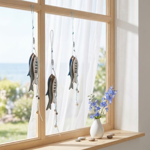Itens Enfeites de peixe de madeira para pendurar, azuis, 36 cm, conjunto de 4 peças.