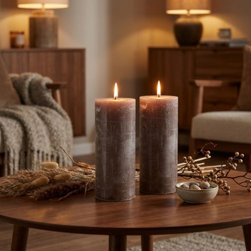 Velas grandes em formato de pilar, cor marrom esfumaçado sólido, design rústico, 100 horas de duração, decoração elegante, conjunto de 2, 85x200mm | Floristik24.pt