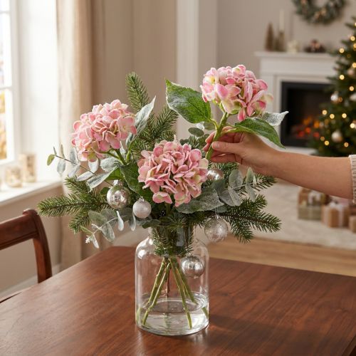 Itens Hortênsia rosa com neve 33 cm 4 unidades