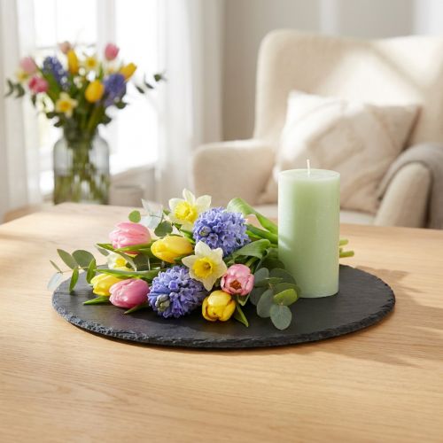 Bandeja redonda de pedra de ardósia natural preta Ø15cm 6 peças | Floristik24.pt