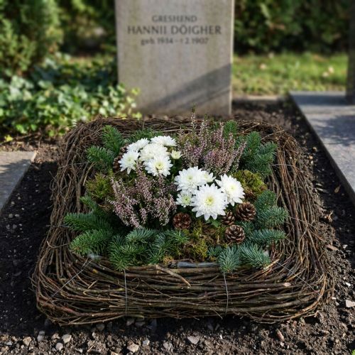 Almofada decorativa para plantas com galhos naturais, 40x40 cm - Ideal para arranjos funerários e decoração de túmulos, design em rattan natural. | Floristik24.pt
