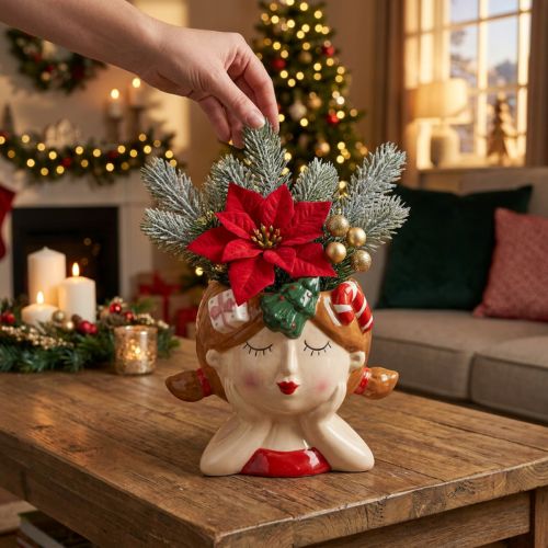 Cabeça de planta cerâmica menina plantador decorativo natal altura 17cm | Floristik24.pt