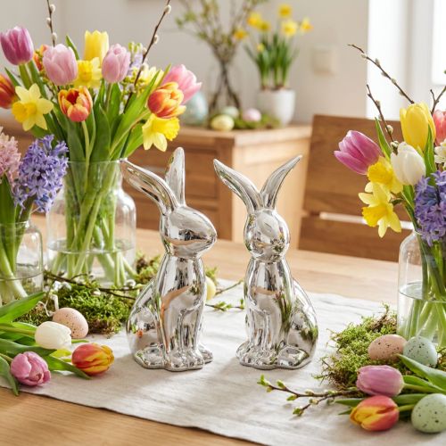 Coelho de Páscoa decorativo Cerâmica Coelho decorativo sentado Prata 18cm 2 peças | Floristik24.pt