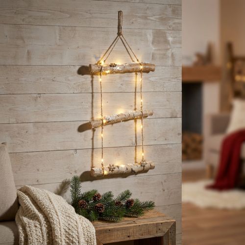 Itens Decoração de parede de Natal com micro luzes LED, pequenos flocos de neve de madeira e galhos cobertos de neve Alt.150cm