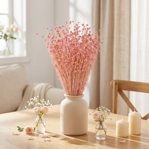 Itens Decoração de mesa com grama de linho seca rosa claro, 50-55 cm, 80 g.
