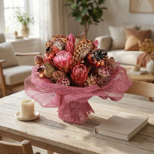 Mix de flores secas: Protea rosa, alcachofra, papoula, decoração natural, 38cm, 580g | Floristik24.pt