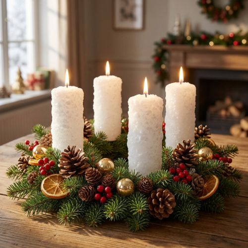 Conjunto de 4 velas do Advento - Velas brancas em formato de pilar com efeito de bola de neve e padrão de gelo, decoração de Natal 150/60mm | Floristik24.pt