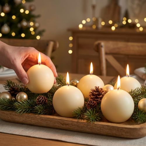 Conjunto de 16 velas esféricas cor creme, 60 mm, velas natalinas, para criar um ambiente festivo, com selo de qualidade RAL. | Floristik24.pt