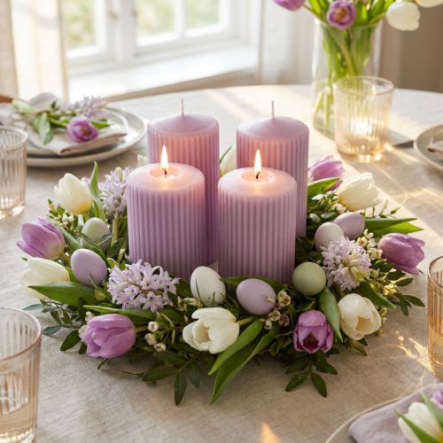 Conjunto de 4 velas cilíndricas decorativas com ranhuras, 70/130 mm, na cor lilás, para decoração de mesas, coroas do Advento e arranjos de primavera. | Floristik24.pt
