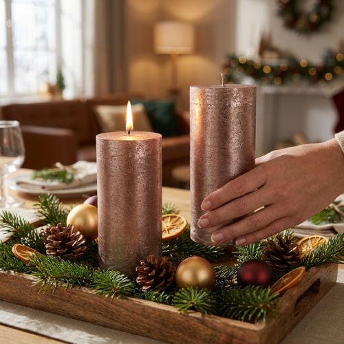Conjunto de 2 velas de pilar em cobre maciço, 85 mm x 200 mm - longa duração, design metálico festivo para decoração. | Floristik24.pt