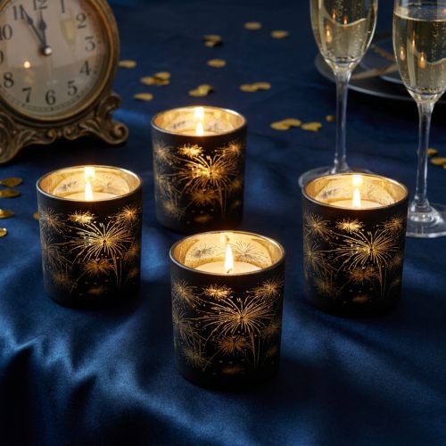 Conjunto de 6 lanternas de vidro, pretas e douradas, com design de fogos de artifício, decoração festiva, 9 cm | Floristik24.pt