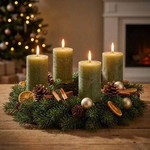 Velas de pilar verde-oliva sólidas, 60×80mm, pacote com 4 unidades, para decoração e Advento. | Floristik24.pt
