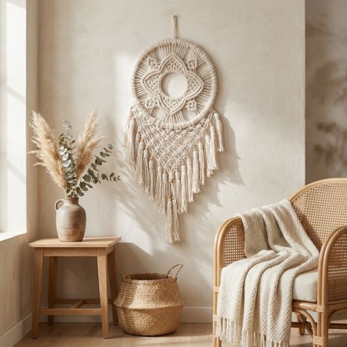 Apanhador de Sonhos em Macramê para Pendurar na Parede, Cor Creme, Estilo Boho, Feito à Mão, 29×72cm, para Sala de Estar e Quarto | Floristik24.pt