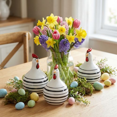 Galinha Decorativa Cerâmica Branca com Listras Pretas Redondo Ø 7cm H11cm 3 pcs | Floristik24.pt