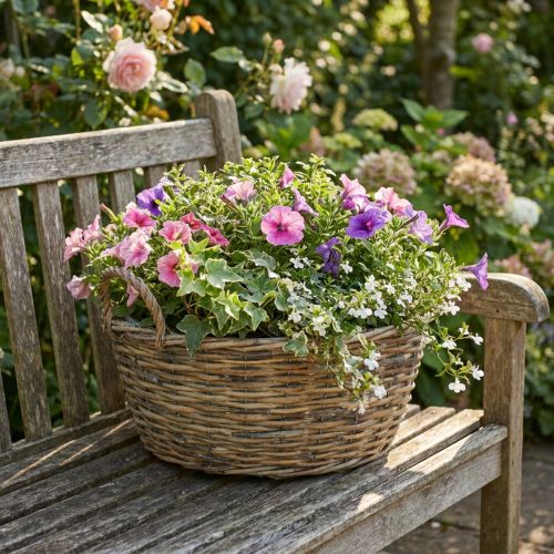 Cesto grande de vime com alças, branco natural, tamanho XL, estilo campestre, cesto decorativo para plantas e armazenamento, Ø51cm | Floristik24.pt