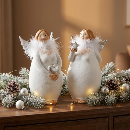 Anjo decorativo com coração e estrela branco, prata Ø7,5 H15cm 2 unidades | Floristik24.pt