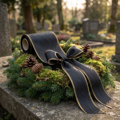 Fita decorativa elegante em moiré para coroas de flores, 175 mm, preta com borda perolada e trama de tafetá, fita decorativa para arranjos florais funerários, fita para laços, 25 m | Floristik24.pt