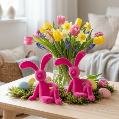Coelho decorativo sentado, ideal para enfeitar a sala de estar ou o escritório na primavera. 22 cm, conjunto com 2 peças. | Floristik24.pt