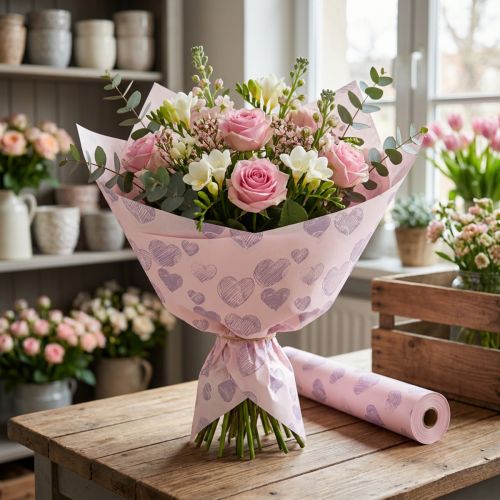Itens Papel de embrulho floral com motivos de coração para criações decorativas com flores, 25 cm x 25 m