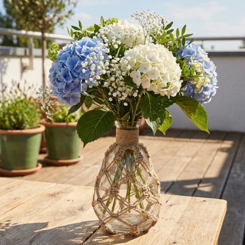 Itens Vaso de vidro macramê juta natural verão marítimo Ø11cm Alt.19,5cm