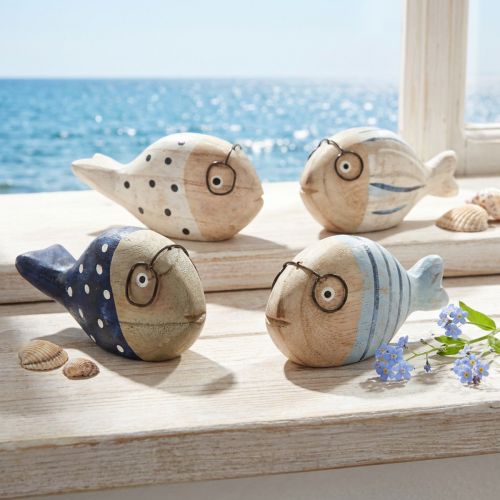 Peixe decorativo com óculos madeira natural branco azul 11–13 cm 4 unid. | Floristik24.pt