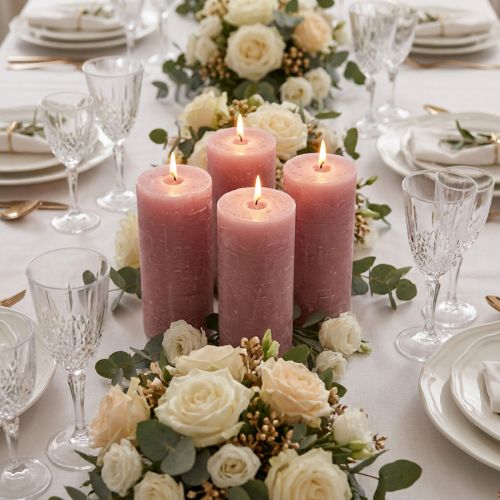 Conjunto de 4 velas decorativas em tom rosa antigo, 70 x 120 mm, tingidas por completo, ideais para casamentos e decoração. | Floristik24.pt