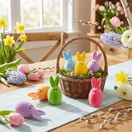 Mistura de ovos de Páscoa com orelhas, ovos de coelhinho flocados, decorações de Páscoa coloridas 6 unidades | Floristik24.pt