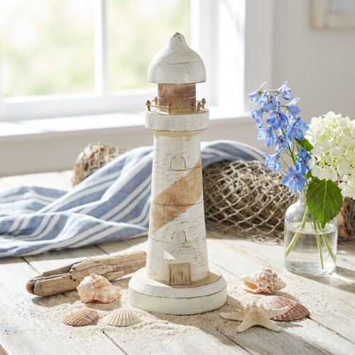 Farol de madeira para decoração marítima, branco natural, Ø10,5cm A28,5cm | Floristik24.pt