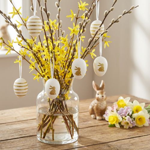 Ovos de páscoa para pendurar branco, ouro selecionado artificialmente H6cm 12pcs | Floristik24.pt