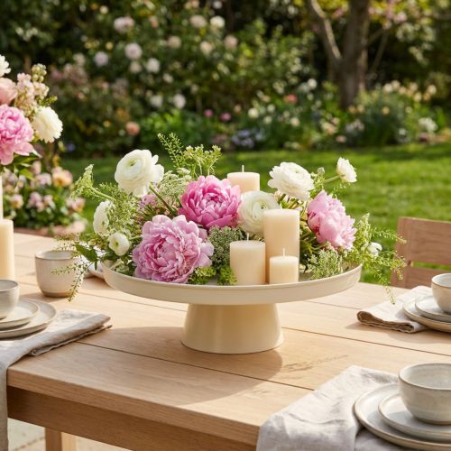 Bandeja decorativa redonda na cor creme, 30 cm, com suporte para decoração de mesa. | Floristik24.pt
