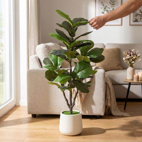 Itens Ficus lyrata artificial de 120 cm para decoração de sala de estar.