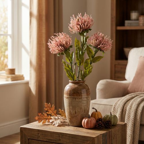 Almofada de alfinetes flor de outono artificial Protea Rosa Leucospermum 73cm 3pcs | Floristik24.pt