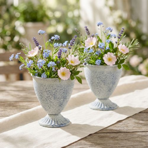 Itens Conjunto de 2 Mini Taças, Vasos e Cálices em Metal Branco e Azul com Decoração Vintage, 11,5 cm