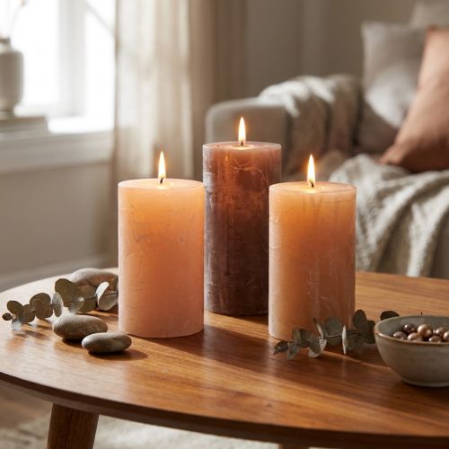 Conjunto de 12 velas decorativas em pilar nas cores marrom, areia e damasco, 60x100mm, cor sólida, marmorizadas, longa duração. | Floristik24.pt