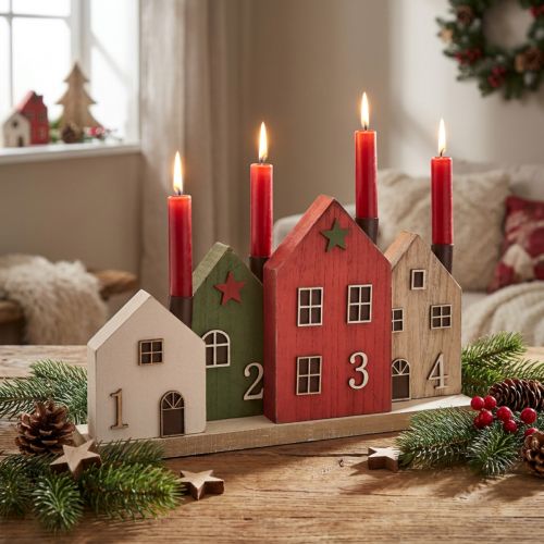 Castiçal, guirlanda do advento, velas, casas, 35cm Alt.20cm | Floristik24.pt