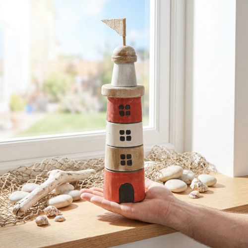 Itens Farol de madeira decoração marítima em madeira vermelho branco Alt.30,5cm