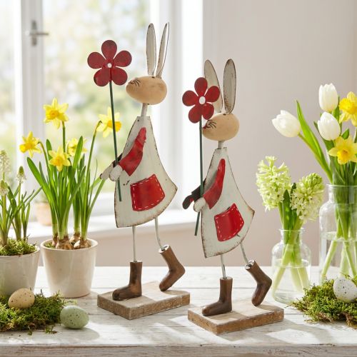 Decoração de páscoa, coelho de metal, decoração de primavera, coelhinho da páscoa com flor vermelha, bege H21cm 2pcs | Floristik24.pt