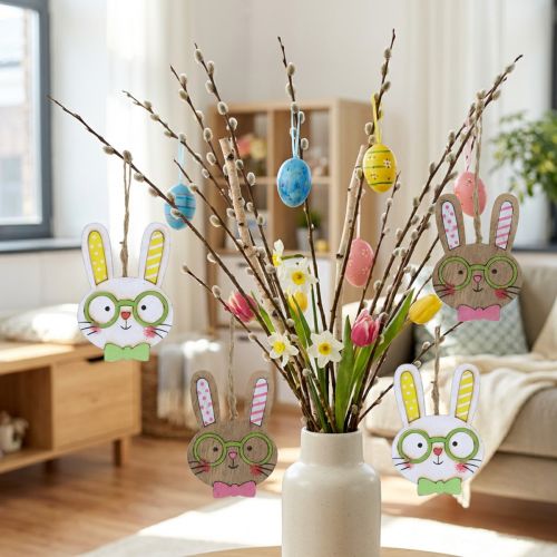 Itens Cabeça de coelho de madeira com decoração engraçada de coelhinho da Páscoa para pendurar 7,5 cm 12 peças