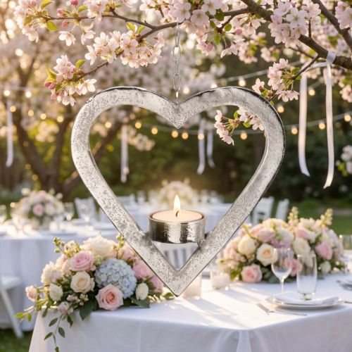Porta-velas no coração, decoração de vela para pendurar, casamento, decoração do Advento em metal prata Alt.17,5cm | Floristik24.pt