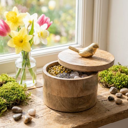 Itens Porta-jóias com pássaro, mola, caixa decorativa em madeira de mangueira, madeira verdadeira natural, dourado H11cm Ø12cm