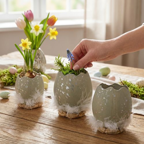 Ovo para decoração, Páscoa, meio ovo deco, decoração de primavera Ø8cm H10cm cinza, prata 4pcs | Floristik24.pt