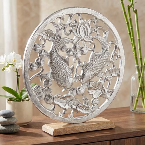 Anel decorativo metal base madeira prata lotus koi decoração Ø32cm | Floristik24.pt