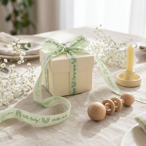 Itens Fita decorativa para batizado "Olá Bebê" verde, 25mm x 16m